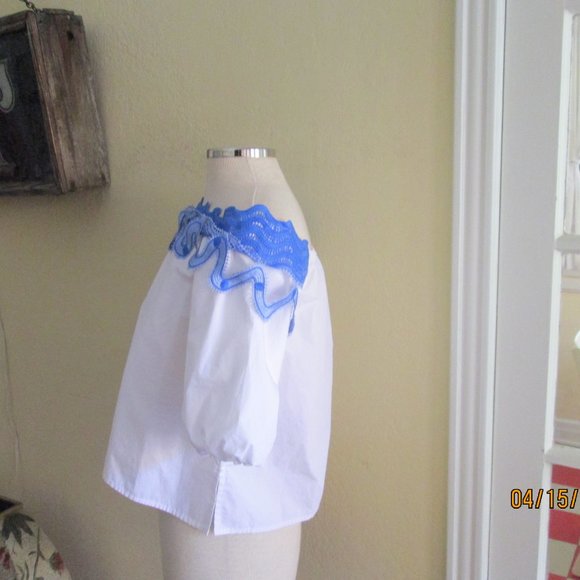 White Blue Peasant Boho Top Few Moda S M Baby Doll - Picture 3 of 5